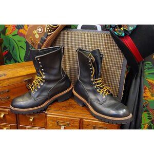 Red Wing Shoes Black Leather Lace-Up Boots with Tan Welt and Yellow Laces